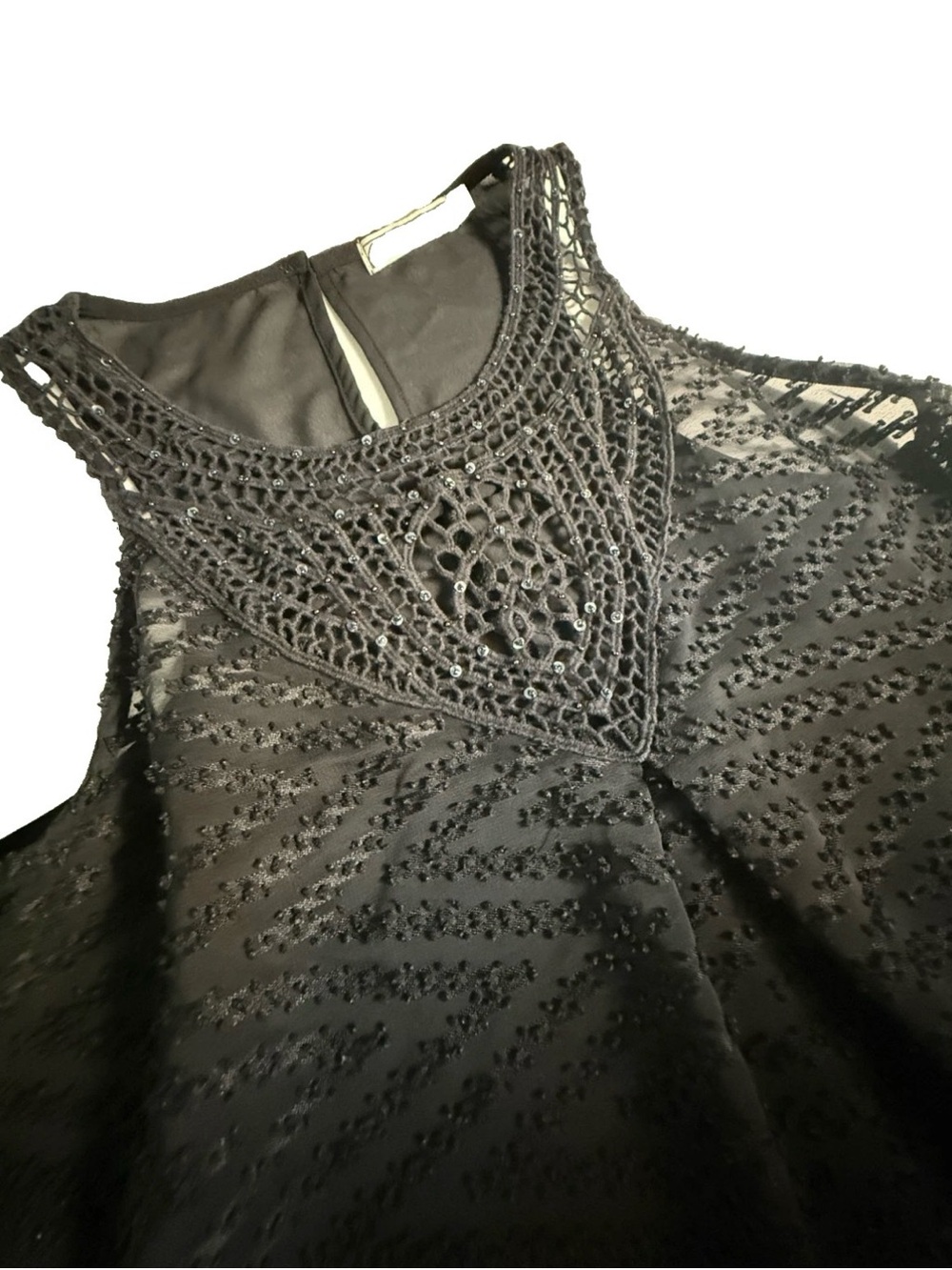 Chloe K Black Boho Crochet Yoke Beaded Camisole Size M